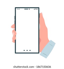 Mano sosteniendo el smartphone con pantalla en blanco. Ilustración vectorial.