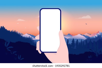 Hand holding smartphone with blank screen outdoors in sunrise. Editable mockup. Vector illustration
