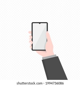 Hand holding smartphone with blank screen isolated on transparent background, phone mockup, vector illustration