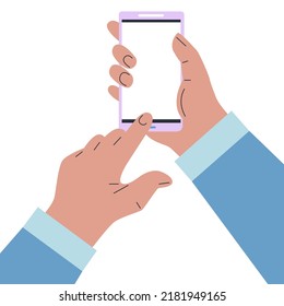 Hand holding smartphone with blank screen isolated on white background. Vector illustration 
Flat design icon. For your mobile phone or website design, Global Business Technology logo