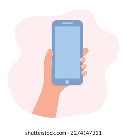 Hand holding smartphone with blank screen. Flat design in pastel colors.