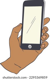 Hand holding a smartphone with blank screen. Vector illustration in cartoon style.