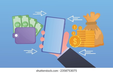 Hand holding smartphone with blank screen mockup with money mobile finance.on blue background.Vector Design Illustration.