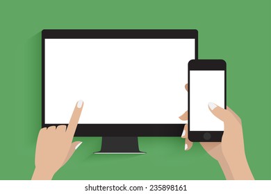 Hand holding smartphone with blank screen. Smartphone is connected to secondary display. Touching blank screen.