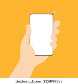 Mano sosteniendo el smartphone con pantalla en blanco. El teléfono se burla de la pantalla blanca. Ilustración vectorial en estilo plano moderno aislado en fondo amarillo.