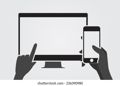 Hand holding smartphone with blank screen. Smartphone is connected to secondary display. Touching blank screen.