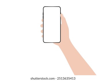 Hand Holding Smartphone with Blank Screen. Vector Illustration Isolated on White Background. 