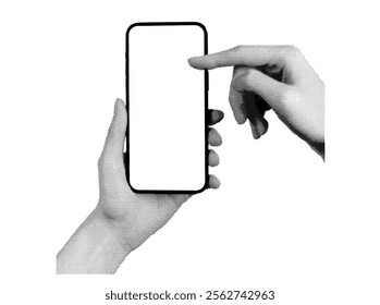 Hand holding a smartphone with a blank screen, scrolling with a finger. Retro, vintage grayscale design with halftone texture. Vector illustration isolated on white background.