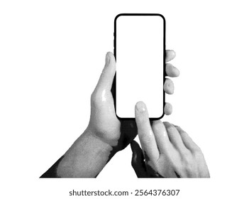 Hand holding a smartphone with a blank screen, tapping to take a photo. Retro, vintage grayscale design with halftone and dotted texture. Vector illustration isolated on white