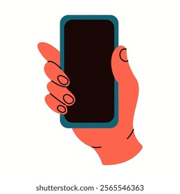 Hand holding smartphone with blank screen flat color vector illustration. User showing mockup device closeup cartoon icon on white background