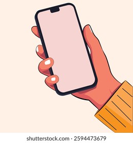 Hand holding a smartphone with a blank screen, perfect for mobile apps, communication, and technology designs. Ideal for business, messaging, and modern device mockups.