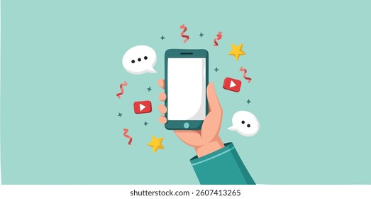 hand holding a smartphone with a blank screen surrounded by celebratory