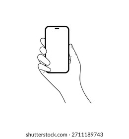Mano que sostiene un smartphone con una pantalla en blanco en un estilo de dibujo de línea simple en blanco