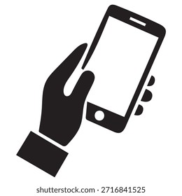 Mano que sostiene el smartphone con el icono en blanco de la pantalla. Glifo sólido para Tecnología móvil y maqueta de aplicaciones.