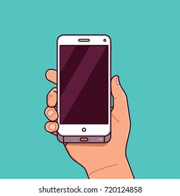 hand holding smartphone. blank screen smartphone vector line illustration