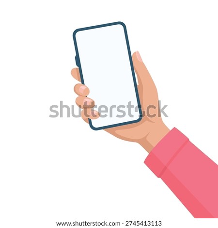 Hand Holding Smartphone with Blank Screen, Vector Illustration. Mobile Phone, Touchscreen Device in Female Hand. Social Media and Communication Concept, Vector Illustration