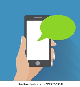 Hand holding smartphone with blank speech bubble for text. Using smart phone for text messaging. Eps 10 flat design concept.