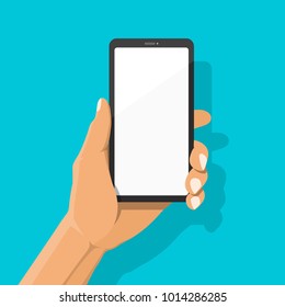 Hand holding smartphone with blank white full screen on blue background with shadow. Mobile phone on man hand. Human using mobile phone. Vector illustration flat cartoon design concept.