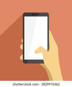 Hand holding smartphone with blank white screen