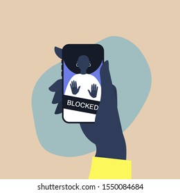 Hand holding a smartphone with a blocked user account, displayed on a screen, privacy in social media