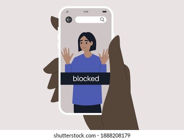Hand holding a smartphone with a blocked user account, displayed on a screen, privacy in social media
