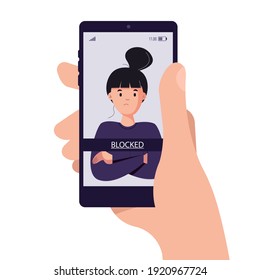 Mano sosteniendo un smartphone con una cuenta de usuario bloqueada, mostrada en una pantalla, privacidad en los medios sociales