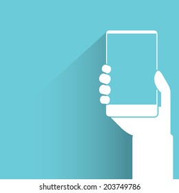 hand holding smartphone, blue background, flat and shadow theme