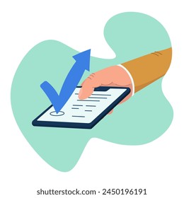 A hand is holding a smartphone with a blue checkmark on it for making an important decision. Flat vector illustration isolated on green and white background.