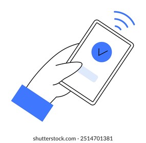 Eine Hand, die ein Smartphone mit einem blauen Häkchen auf dem Bildschirm und Wi-Fi-Signalleitungen hält. Ideal für Themen wie Technologie, mobile Apps, Kommunikation, digitale Sicherheit und Internetkonnektivität.
