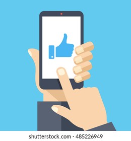 Hand holding smartphone with blue like on screen. Social network and media on mobile phone. Modern graphic elements for web banners, web design, printed materials. Flat design vector illustration