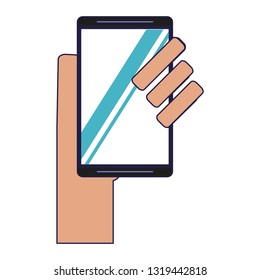 hand holding smartphone blue lines