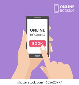 Hand holding smartphone with book button on screen. Concept of online booking mobile application. Flat design vector illustration
