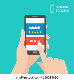 Hand holding smartphone with book button and car icon on screen. Design concept of online booking, car hire mobile application. Flat design vector illustration