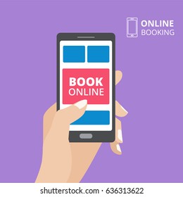 Hand holding smartphone with book button on screen. Concept of online booking mobile application. Flat design vector illustration
