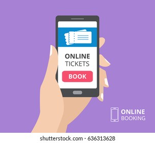 Hand holding smartphone with book button and tickets icon on screen. Concept of online tickets mobile application. Flat design vector illustration