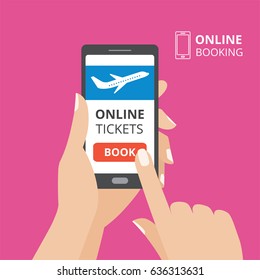 Hand holding smartphone with book button and airplane icon on screen. Design concept of online tickets, flight booking mobile application. Flat design vector illustration