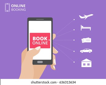 Hand holding smartphone with book button on screen. Online booking design concept for mobile phone: hotel, flight, car, tickets.