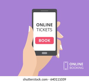 Hand holding smartphone with book button on screen. Concept of online tickets mobile application. Flat design vector illustration