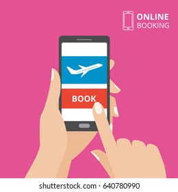 Hand Holding Smartphone With Book Button And Airplane Icon On Screen. Design Concept Of Online Tickets, Flight Booking Mobile Application. Flat Design Vector Illustration