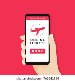 Mano que sostiene el smartphone con el Botón del libro y el icono del avión en la pantalla. Concepto de diseño de boletos en línea. Vector