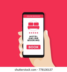 Hand holding smartphone with book button and bed icon on screen. vector