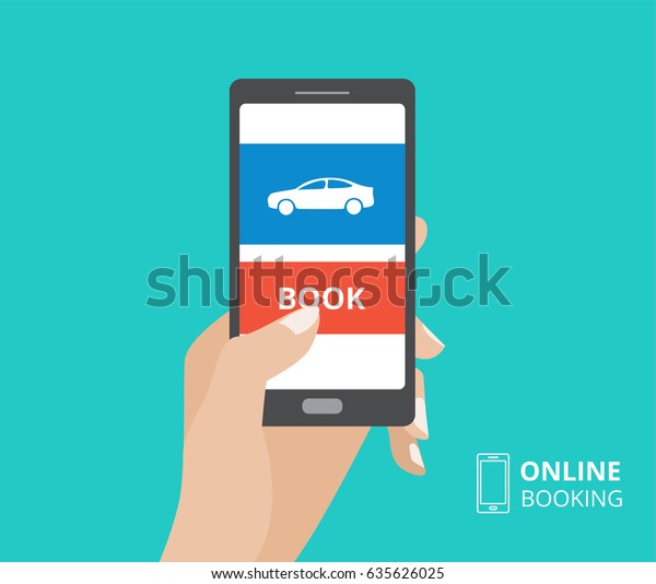 Hand holding smartphone with book\
button and car icon on screen. Design concept of online booking,\
car hire mobile application. Flat design vector\
illustration