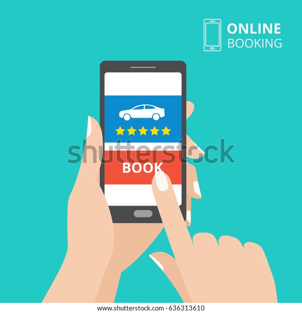 Hand holding smartphone with book\
button and car icon on screen. Design concept of online booking,\
car hire mobile application. Flat design vector\
illustration