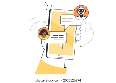 Mano sosteniendo un smartphone con chat de bots en pantalla. Ilustración vectorial plana. Asistente de robots hablando con el usuario en línea. Soporte técnico, móvil, robótica, concepto de tecnología para diseño de banners