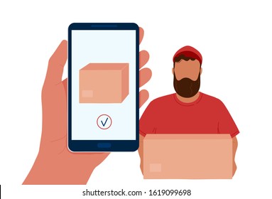 Hand holding smartphone with box image on the screen and delivery man in red uniform with box on background. Hand drawn trendy flat style. Isolated on white background.