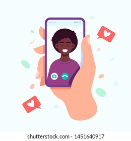 Hand holding smartphone with boyfriend on screen. Video call with loved one. Video call concept. Vector flat cartoon illustration for web sites and banners design