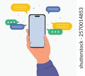 Hand holding smartphone with bubble on interface. Online message for social communication on applications.