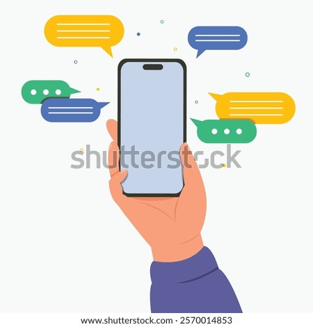 Hand holding smartphone with bubble on interface. Online message for social communication on applications.