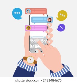 Hand holding a smartphone with business and friend's chat screens. Social networking and mobile communication concept. Vector illustration.