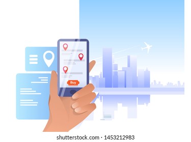 Hand holding smartphone. Buy button, online app, plane. Flight booking concept. Vector illustration can be used for topics like buying tickets, travel, service